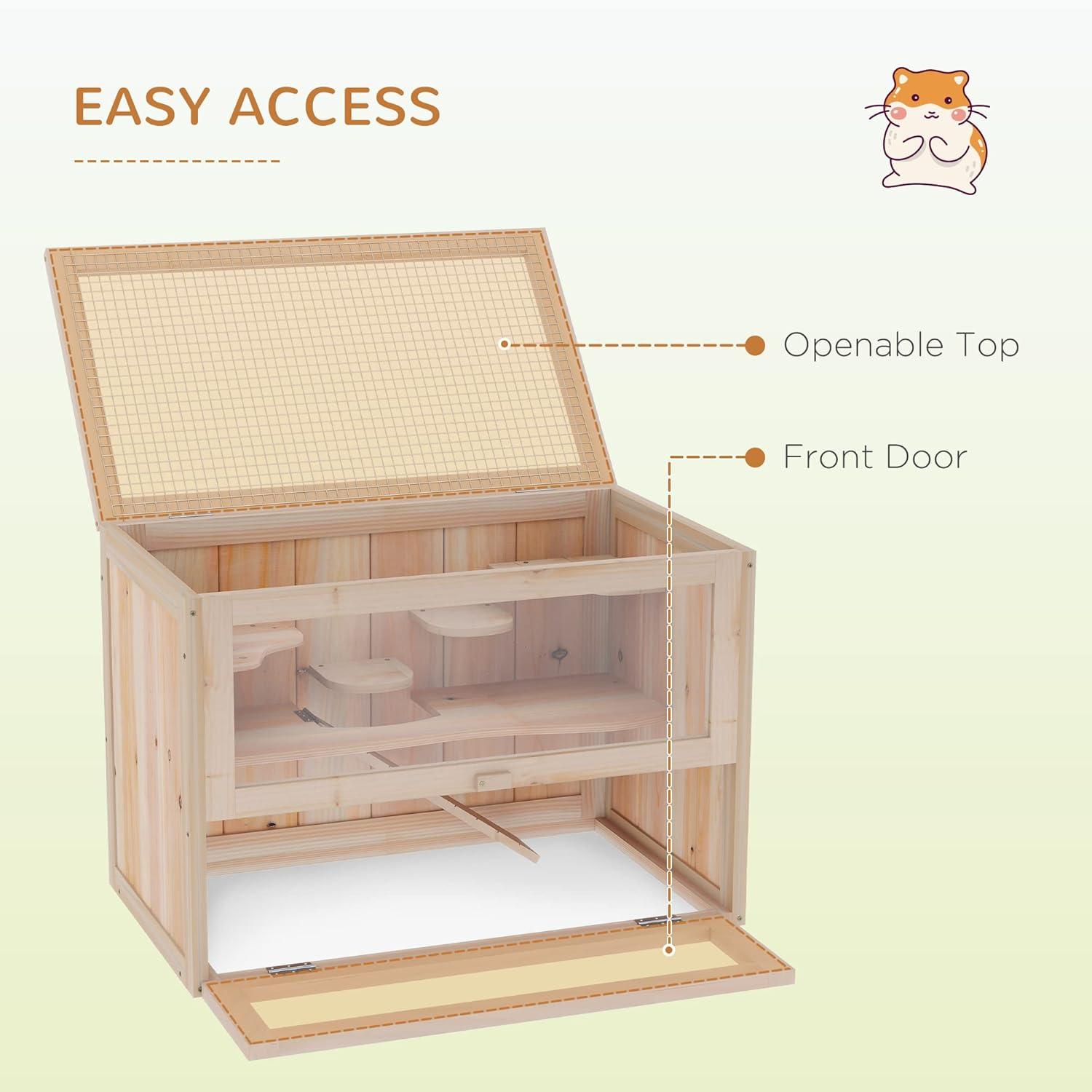 PawHut 2-Level Hamster Cage Mice and Rat House, Small Animal Habitat for Guinea Pigs, Chinchillas with Openable Top, Front Door, Natural