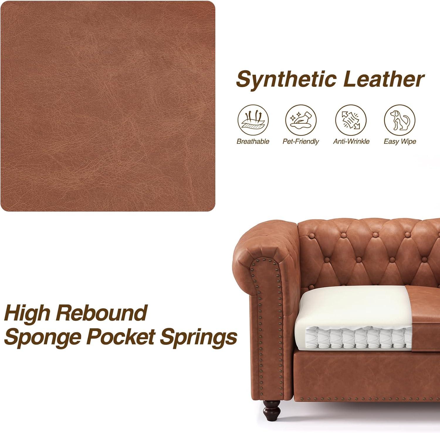 72 Inch Brown Couch, Chesterfield Faux Leather Sofa with Wooden Legs, Vintage Tufted Sofa with Rolled Arms, Mid Century Modern Couch with Rivets for Living Room, Apartment, Office