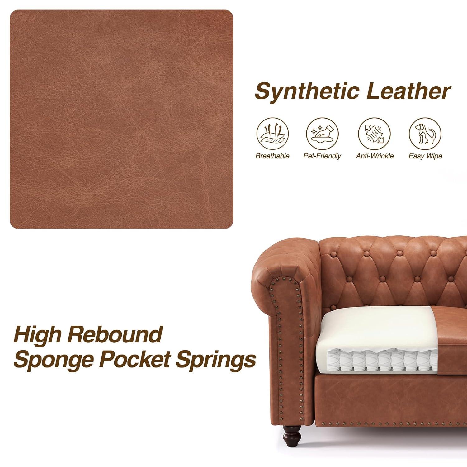 Alcott Hill® 72 Inch Couch Chesterfield Leather Sofa With Wooden Legs