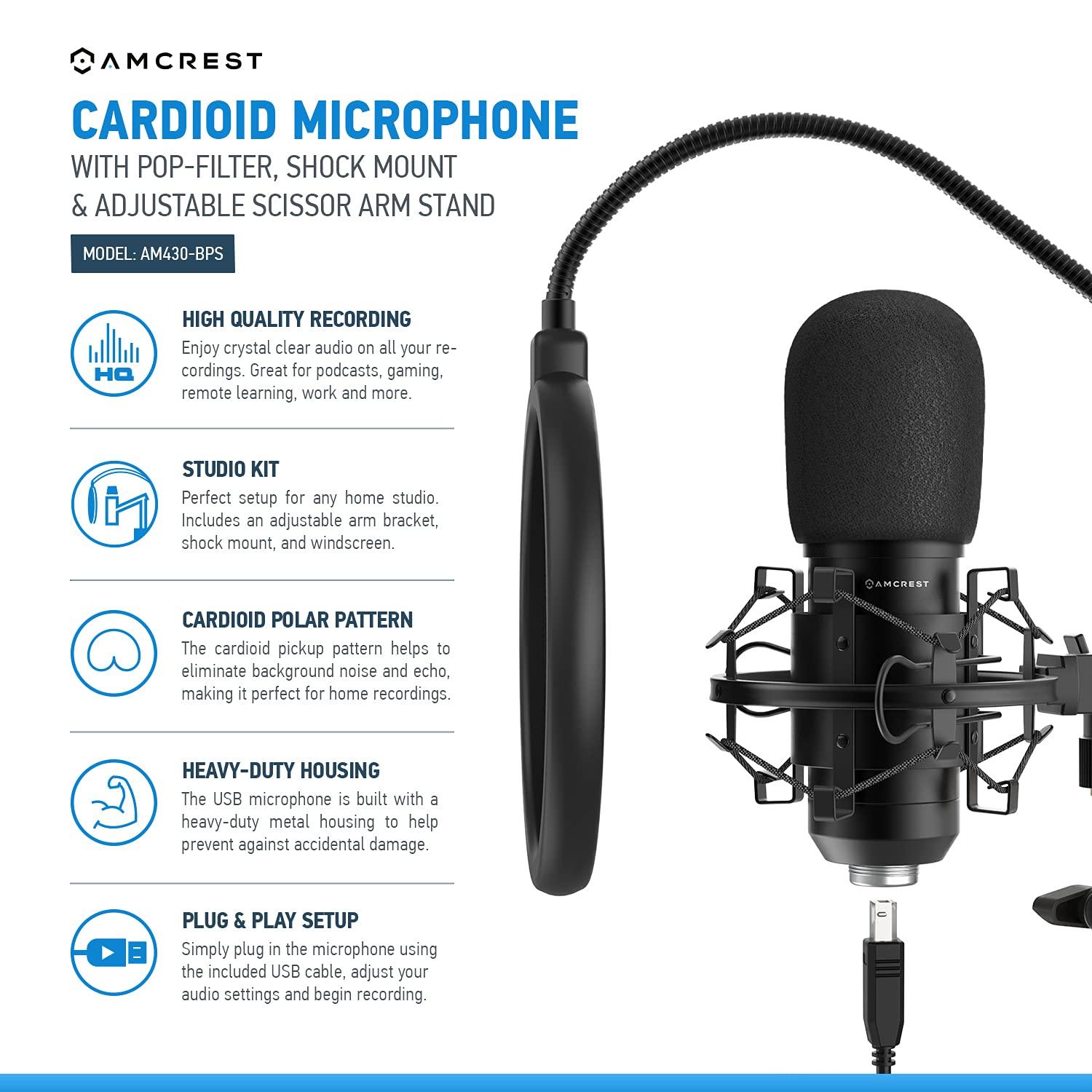 Amcrest USB Microphone for Voice Recordings, Podcasts, Gaming, Online Conferences, Live Streaming, Cardioid Microphone with Boom Arm, Pop-Filter, Shock Mount, AM430-BPS