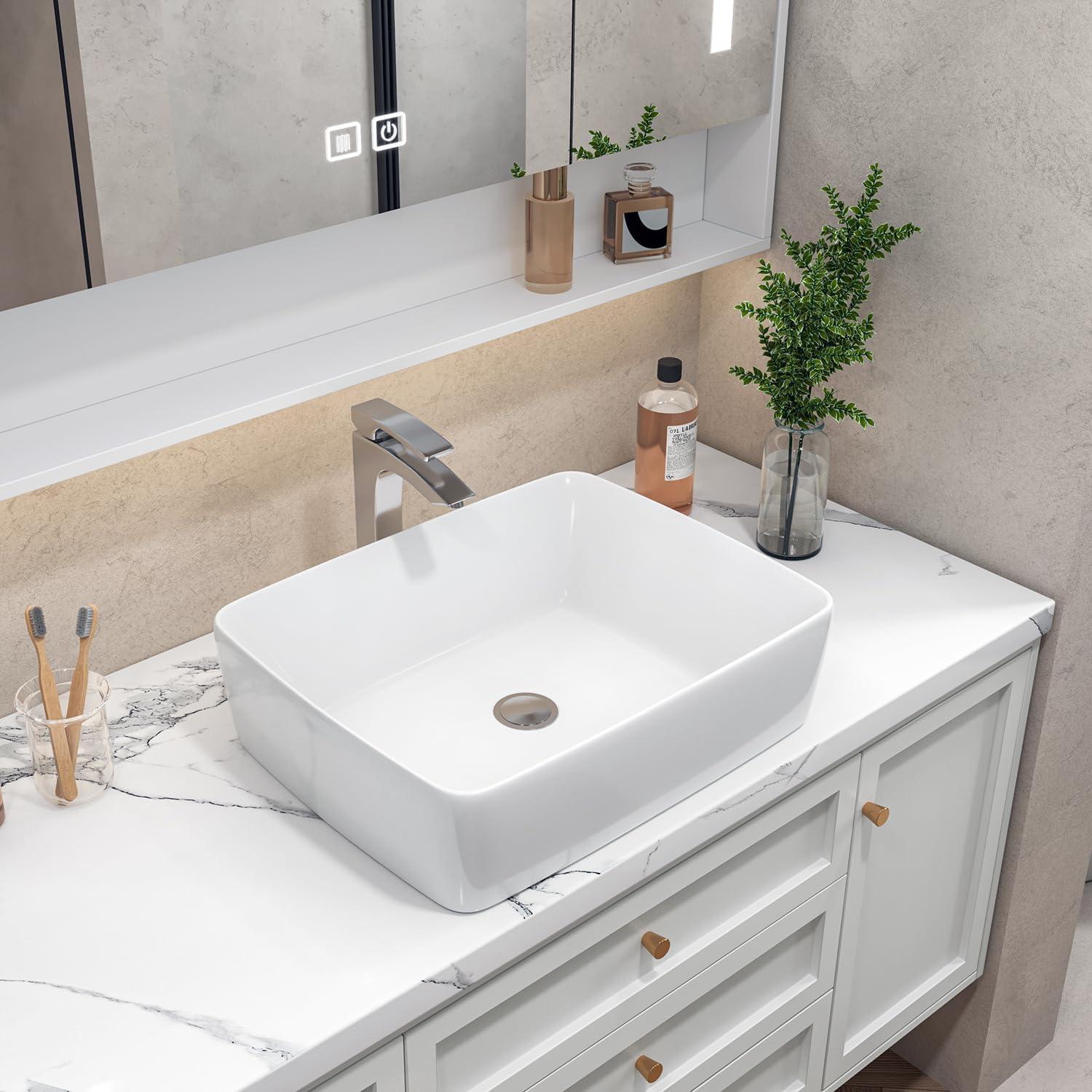 19"L x 15"W White Ceramic Rectangular Bathroom Vessel Sink Drop-in Vanity Sink