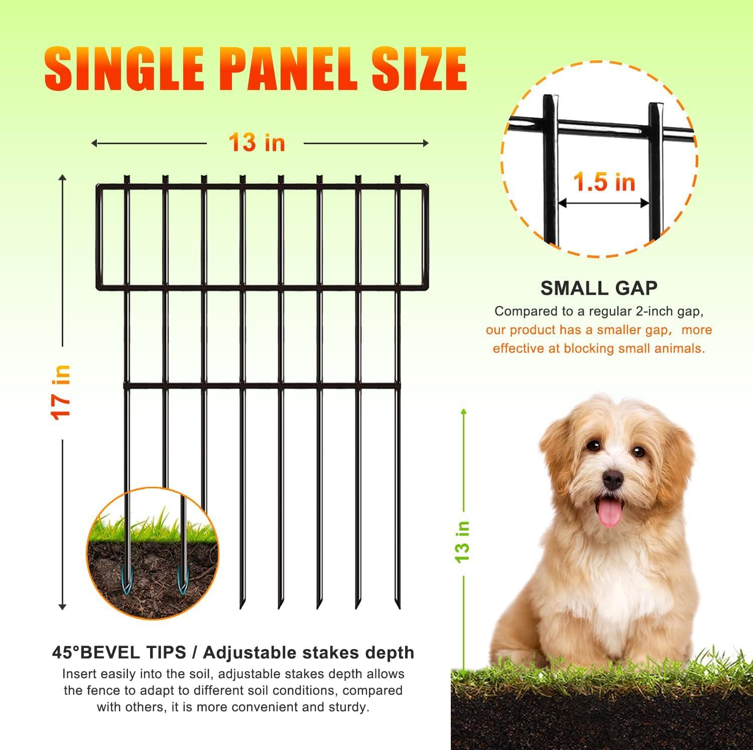 25 Pack Garden Animal Barrier Fence, 1.65inch Spike Spacing No Dig Fence, Reusable Rustproof Metal Fence Border, Dogs Rabbits Blocker Fence for Outdoor Yard, Total 27ft(L) x 17inch(H)