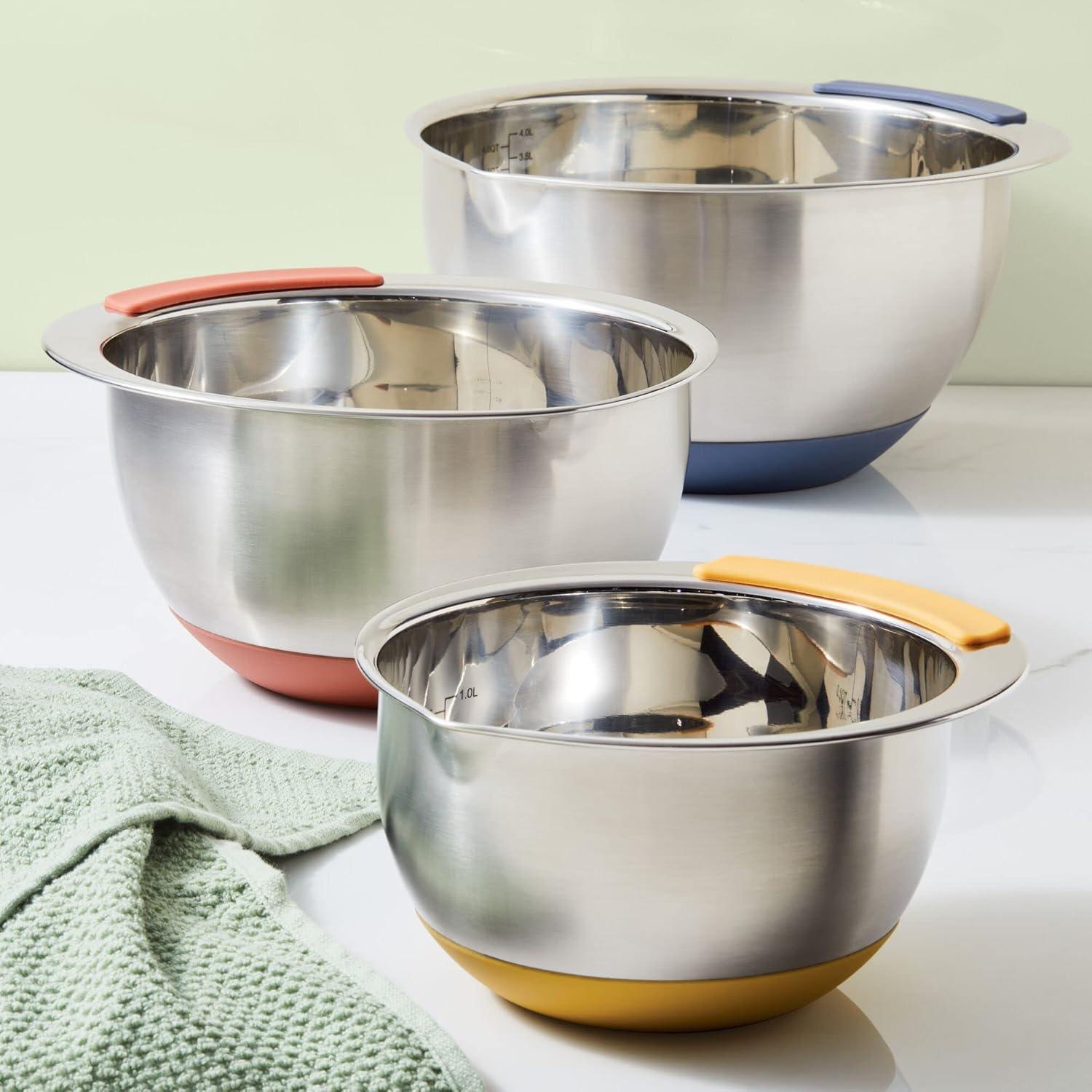 Ayesha Curry Pantryware Stainless Steel Nesting Mixing Bowls Set, 3-Piece, Silver With Color Accent Handles