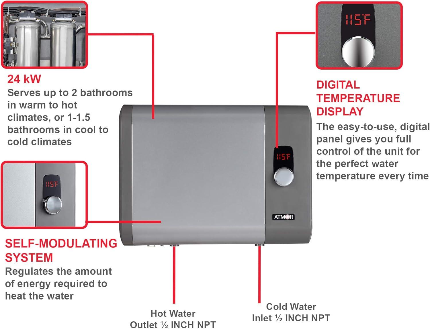 Atmor 24kW 4.65 GPM Electric Tankless Water Heater, ideal for 2 bedroom home, up to 5 simultaneous applications