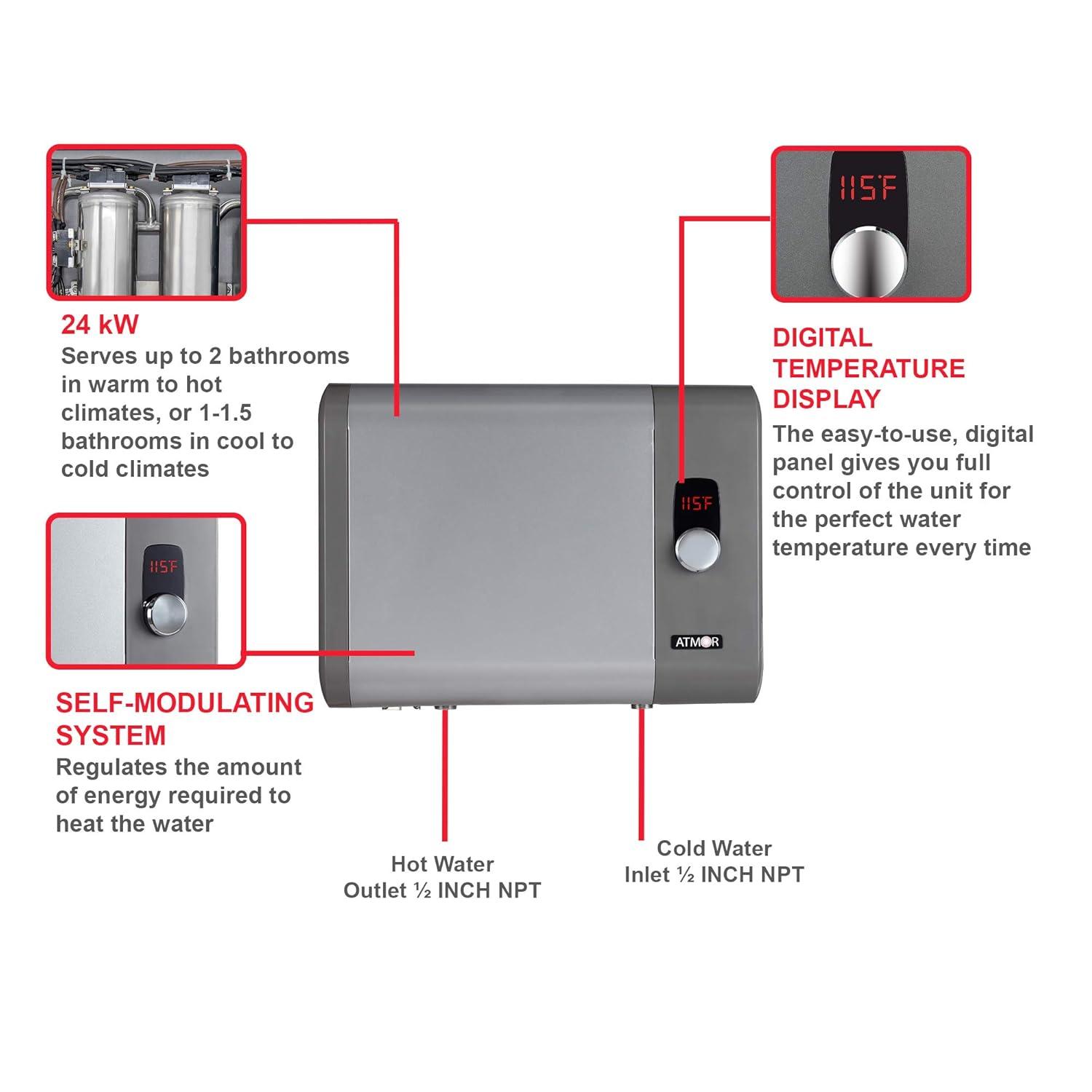 Atmor 24kW 4.65 GPM Electric Tankless Water Heater, ideal for 2 bedroom home, up to 5 simultaneous applications