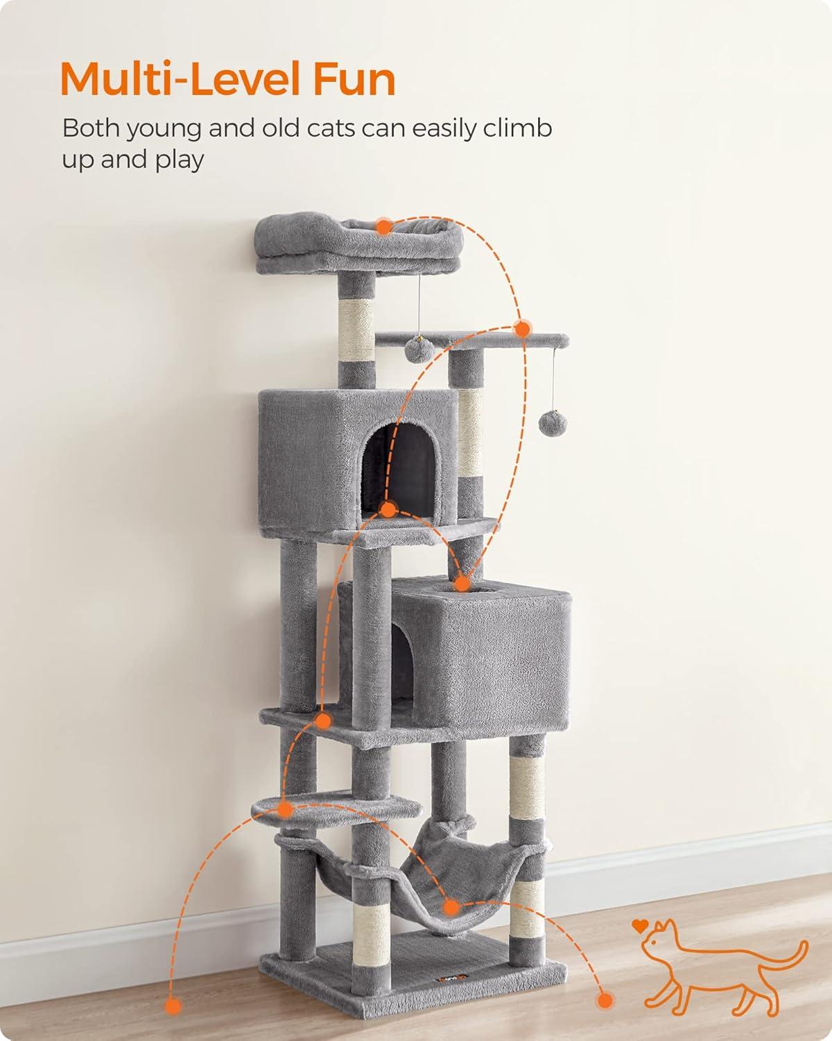 Feandrea 61"H Cat Tree Cat Tower for Indoor Cats, Plush Multi-Level Cat Condo with Scratching Posts, Perches, Caves, Hammock, Light Gray