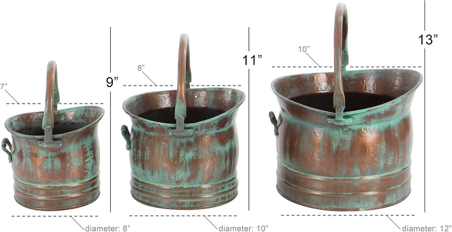 Set of 3 Copper and Green Patina Metal Planters with Handles