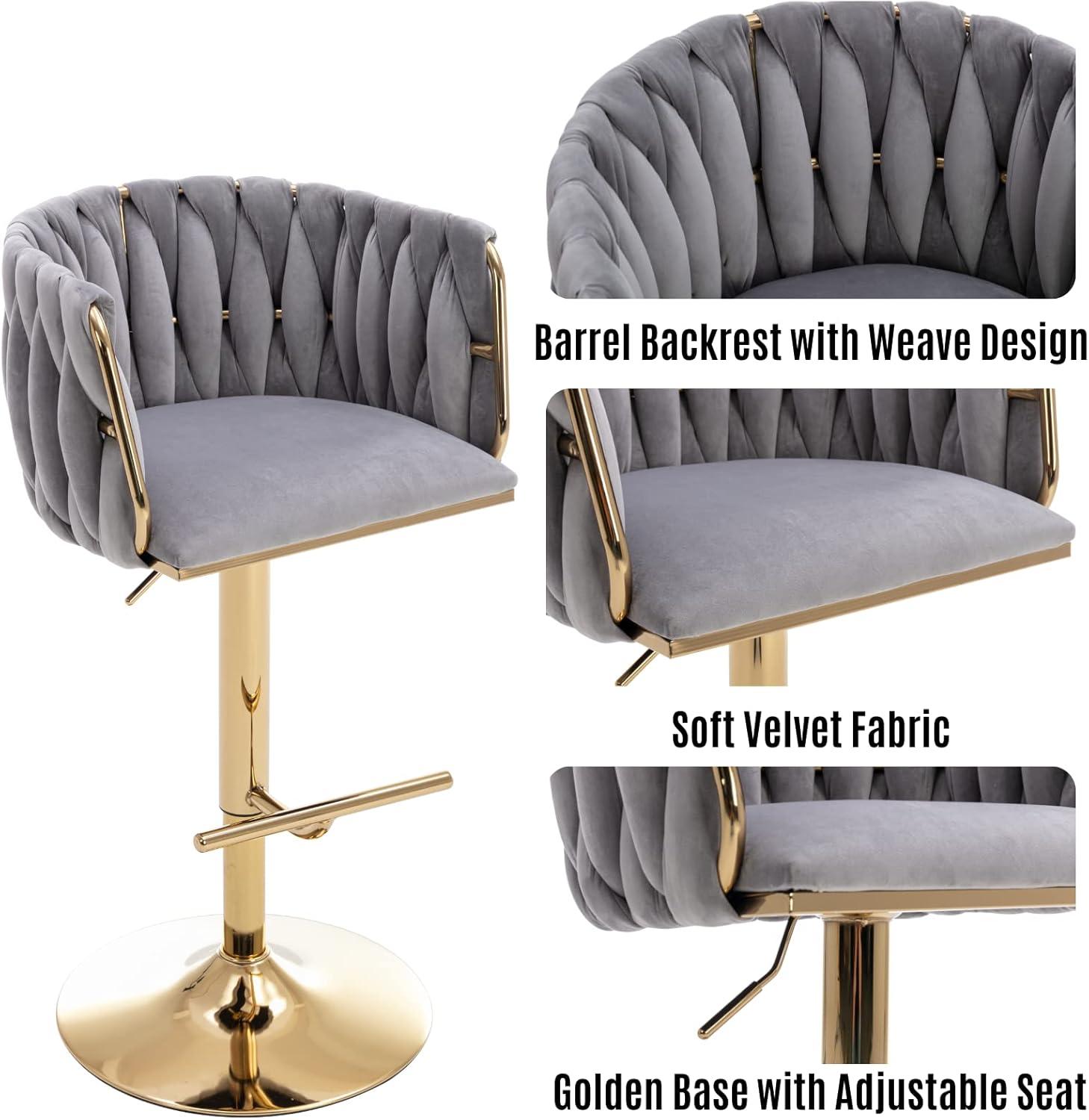 Velvet Bar Stools Set of 2, Counter Height Bar Stools with Low Back, Gold Swivel Barstools for Kitchen Island, Bar Pub (Grey)