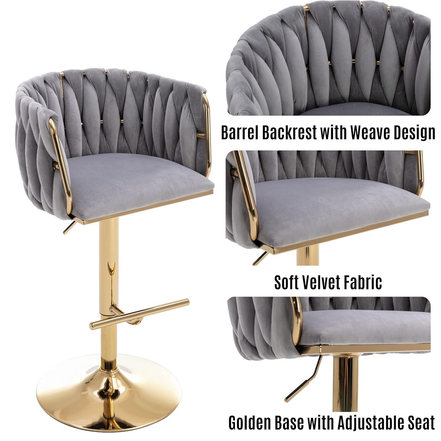 Velvet Bar Stools Set of 2, Counter Height Bar Stools with Low Back, Gold Swivel Barstools for Kitchen Island, Bar Pub (Grey)