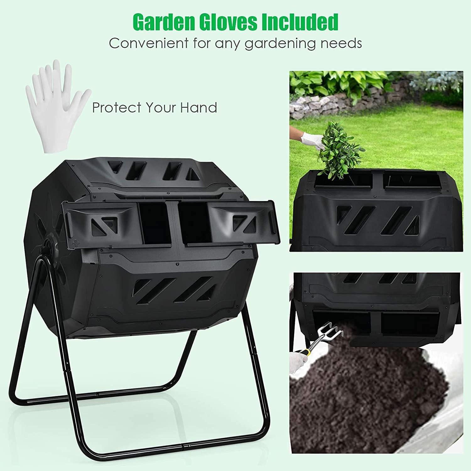 HomGarden Composting Tumbler 43gal Composter Bin W/ Dual Chamber BPA Free Black
