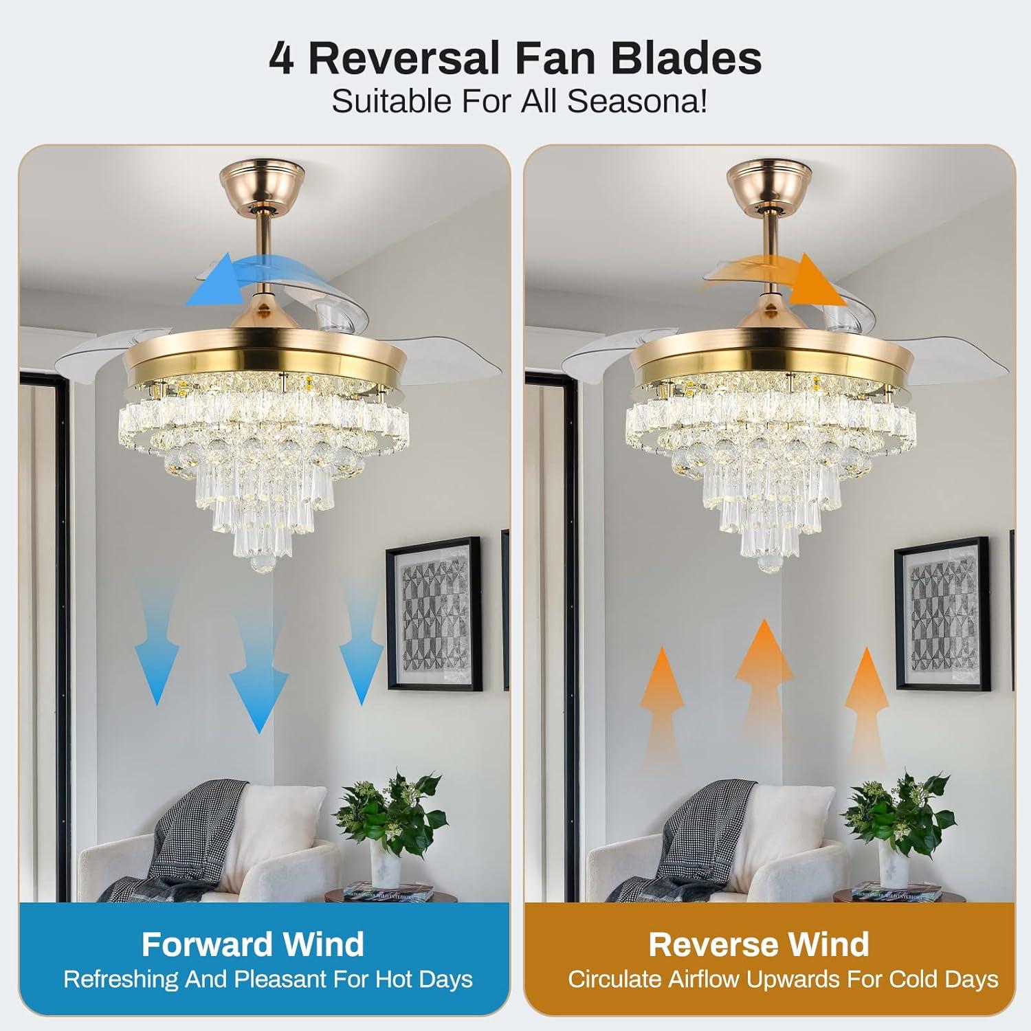 HOOMEDELIER 42" Chandelier Ceiling Fan with Remote, Crystal Beads Framed Fan with 4 Retractable Blades Smart Indoor Fandelier Fan