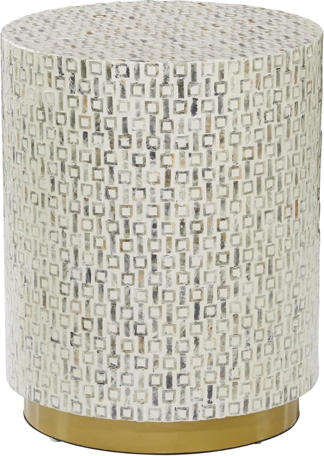 White Round Wood and Metal Accent Table with Pearl Inlays