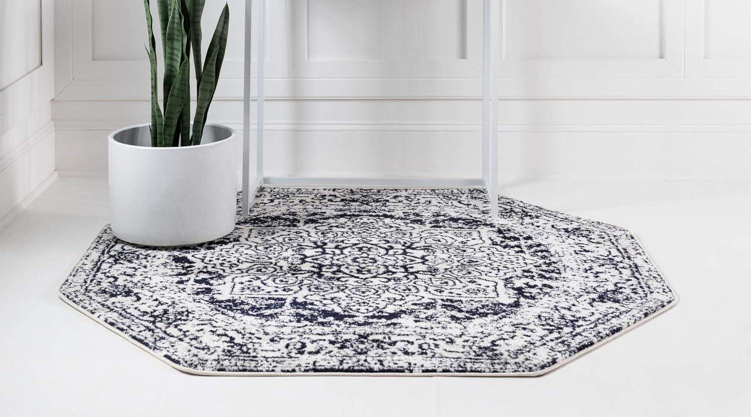 Gray Synthetic Octagon Medallion Easy Care Rug