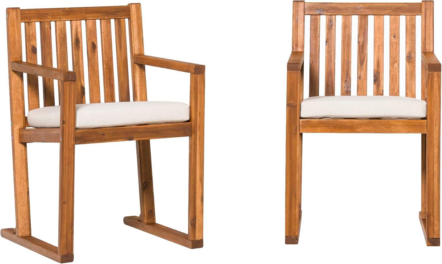 Brown Acacia Wood Slat-Back Outdoor Dining Chairs with Cushions, Set of 2