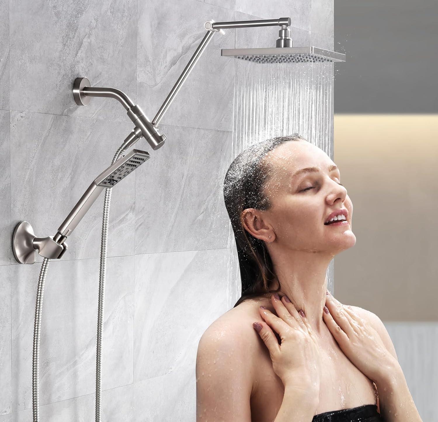 BRIGHT SHOWERS Rain Shower Head Combo, 8" Rainfall Shower with Handheld Spray, 60" Hose, 3-Way Diverter, Wall Bracket, Brushed Nickel