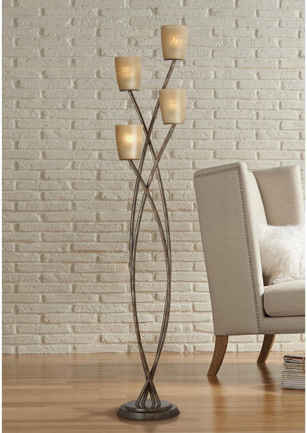 Copper Bronze 69" Torchiere Floor Lamp with Amber Glass Shades