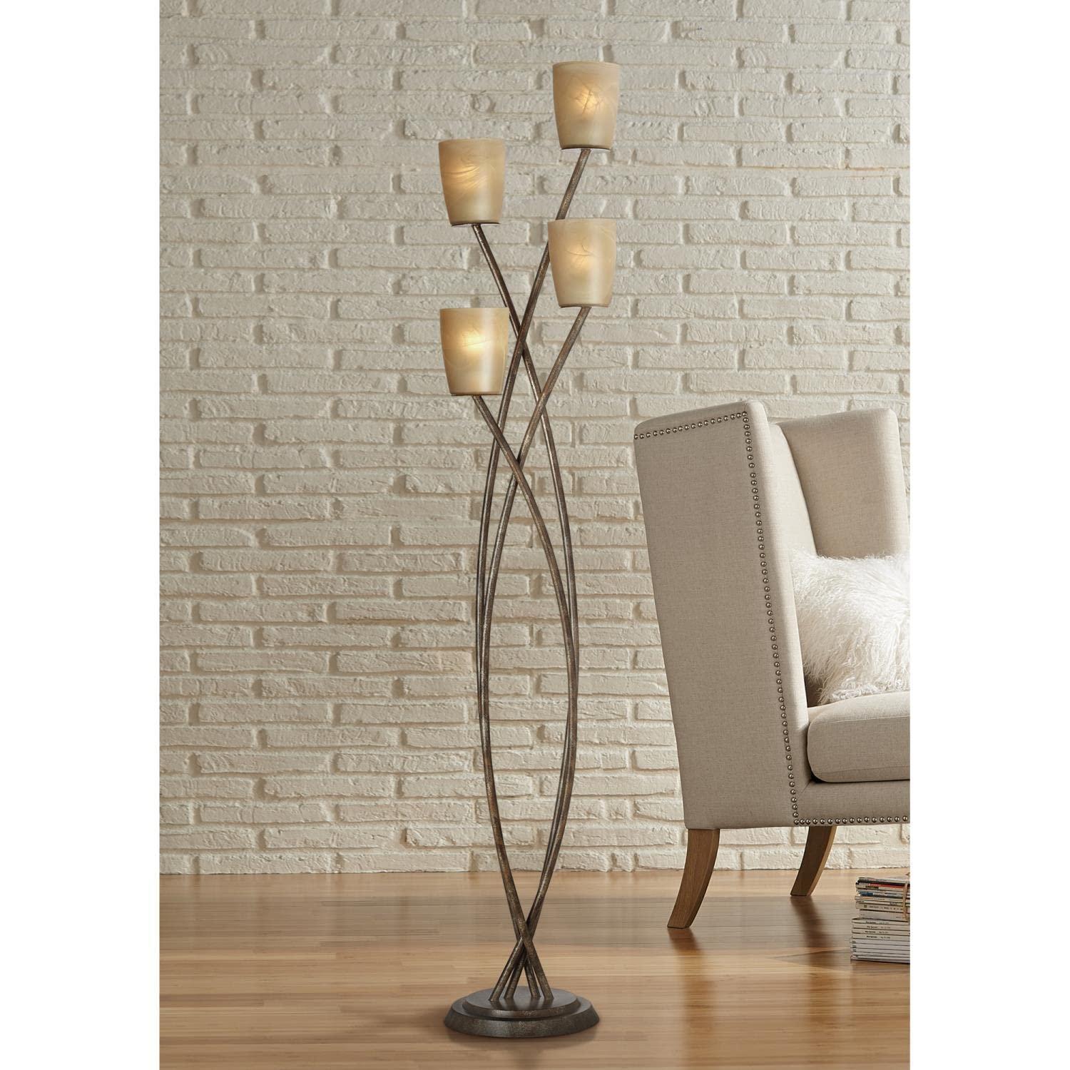Kathy Ireland Metro Plaza Modern Glam 69" Tall Standing Floor Lamp Tree 4-Light Foot Switch Brown Metal Copper Bronze Finish Living Room Bedroom House