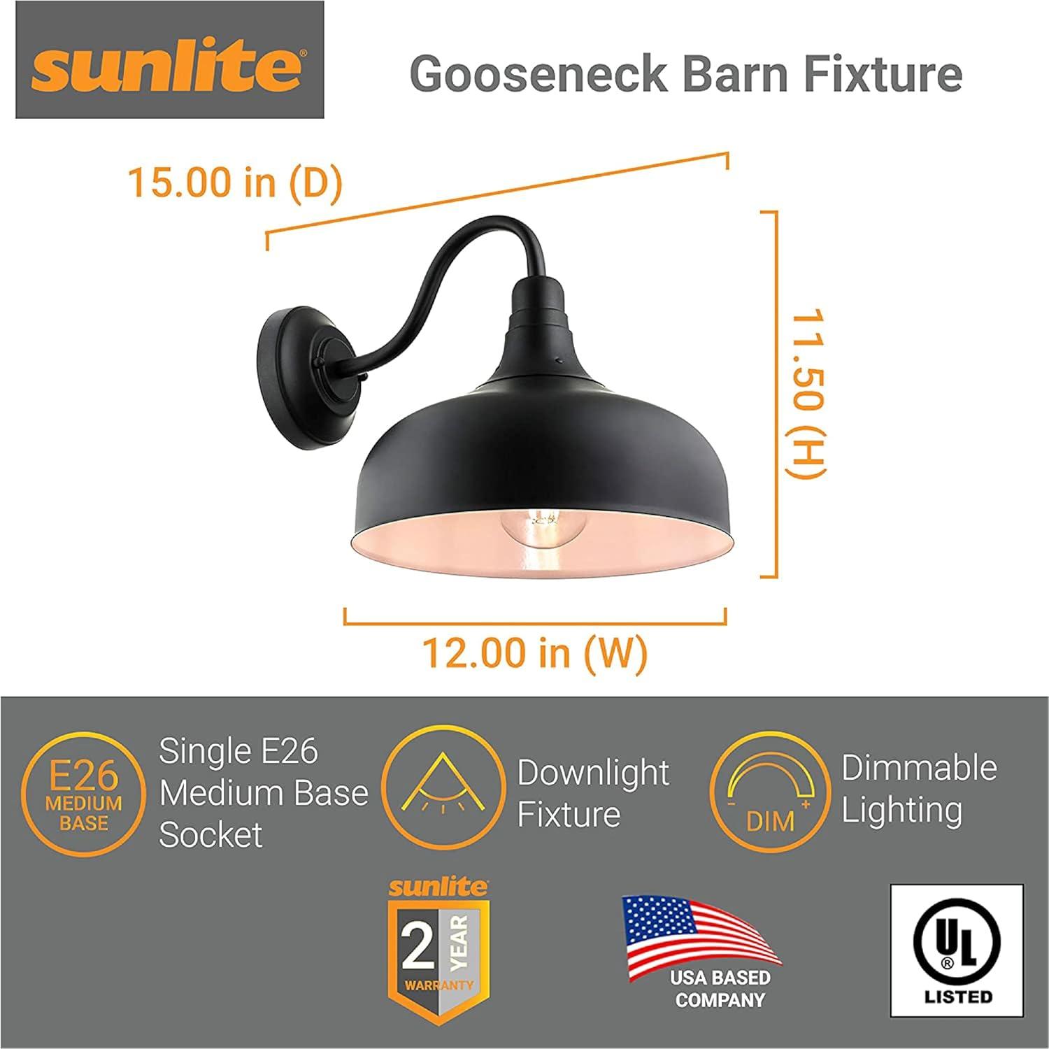 Sunlite Gooseneck Rustic Barn Light Fixture, Wall Mount, Medium Base (E26) Socket, Standard A19 Bulb Required (60W Max), 12 Inch, Indoor and Outdoor Use, UL Listed Wet Location, Black