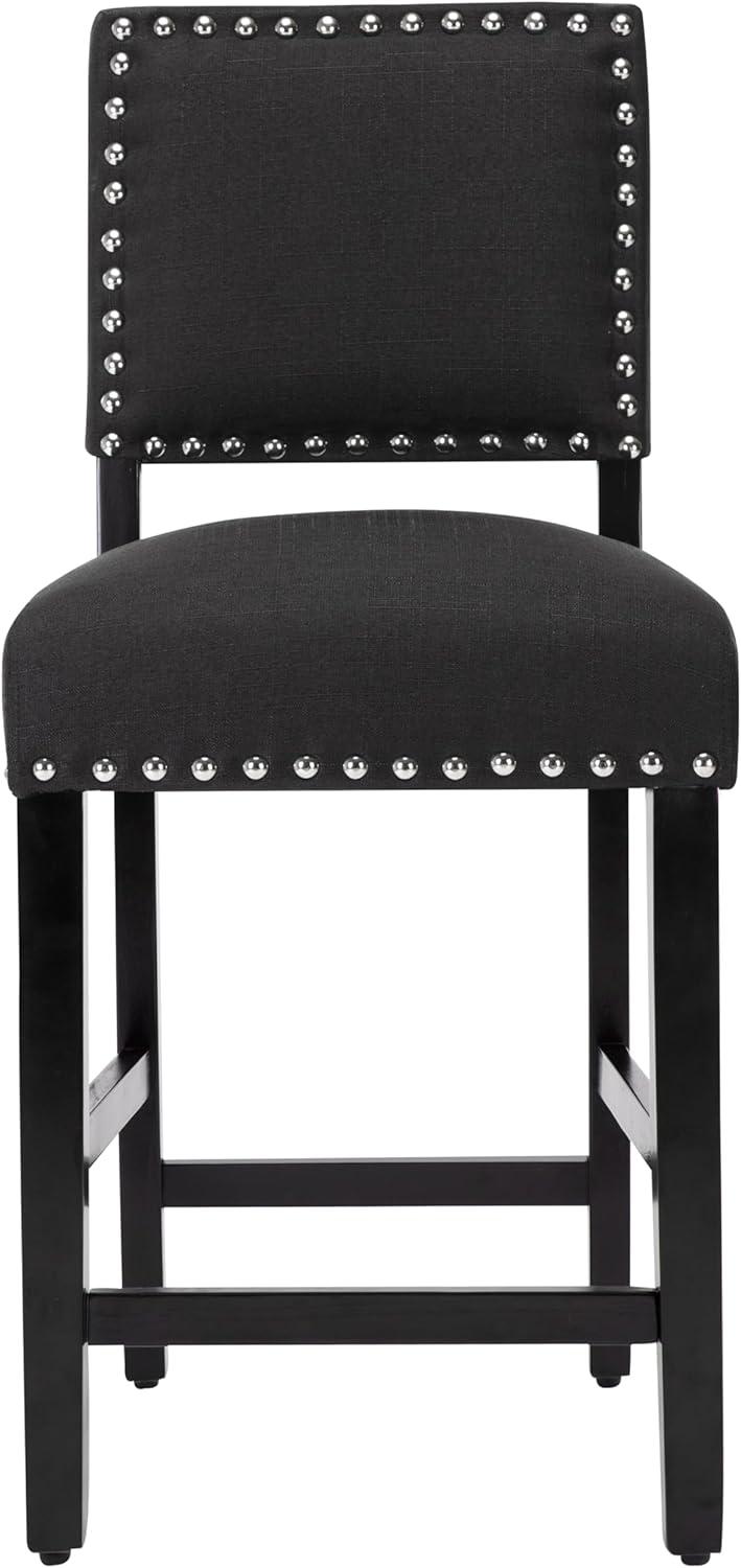 LSSBOUGHT Counter Height Barstools Linen Fabric Upholstered Counter Stool with Rubber Wood Legs Nailed Trim Bar Chair for Kitchen Island (Black, 2Pcs 24" Seat Height)
