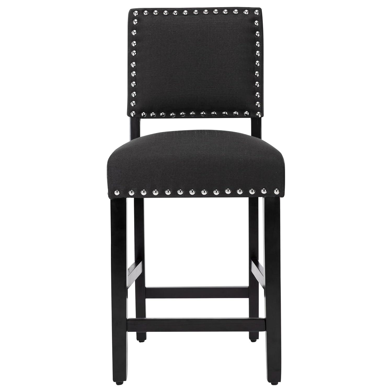 LSSBOUGHT Counter Height Barstools Linen Fabric Upholstered Counter Stool with Rubber Wood Legs Nailed Trim Bar Chair for Kitchen Island (Black, 2Pcs 24" Seat Height)