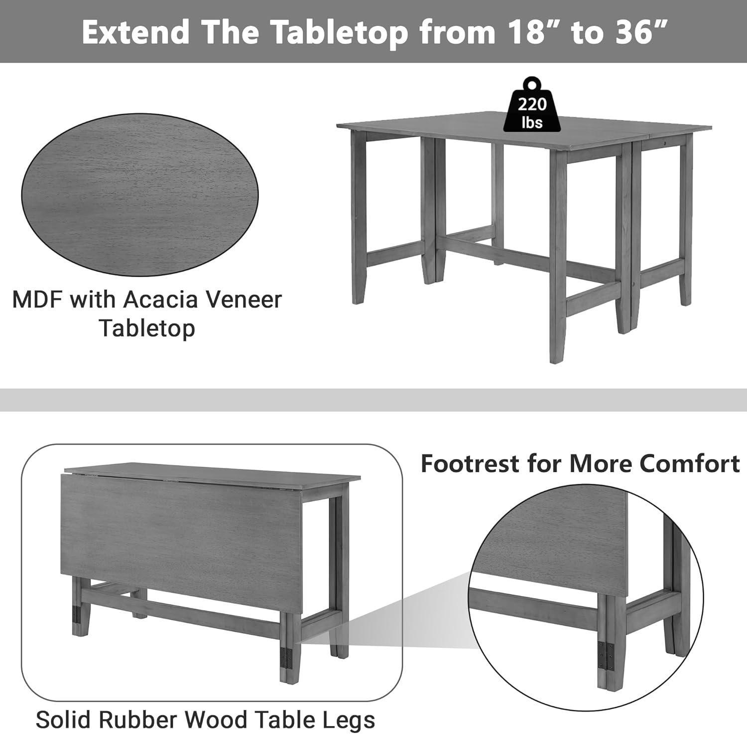 LUMISOL Farmhouse Drop Leaf Folding Dining Table, Space Saving Dining Kitchen Table for 4, Solid Wood Extendable Dining Room Table for Small Space, from 18" to 36" (Gray)