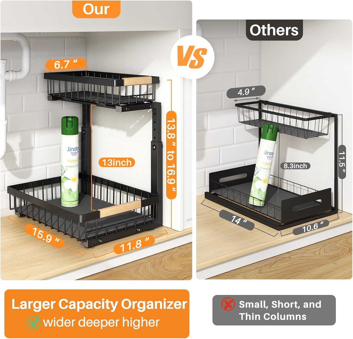 Under Sink Organizers and Storage, 2 Pack Pull Out Kitchen Bathroom Cabinet Organizer, 2 Tier Black Under Sink Storage for Bathroom Kitchen, Under Counter Storage Organizer with 8 Hooks