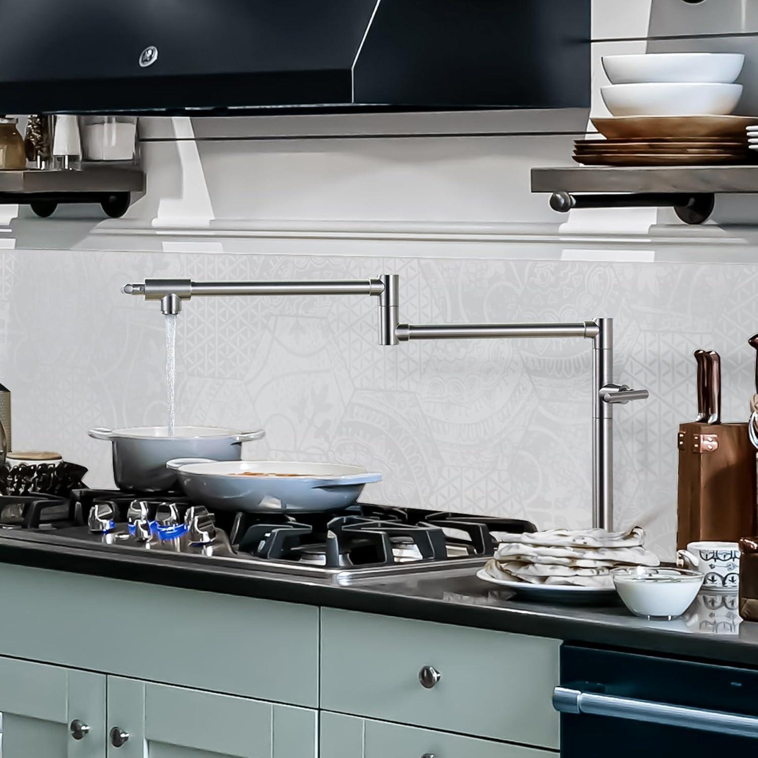 Wowow Pot Filler Faucet Deck Mount Stove Faucet, Solid Brass Pot Filler Brushed Nickel Kitchen Folding Faucet