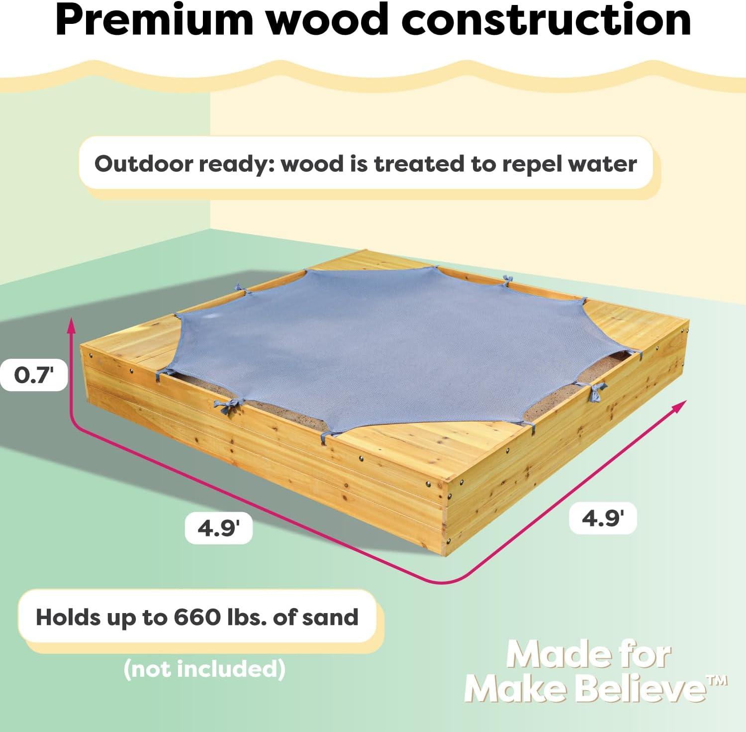 Honey Wood Square Sandbox with Built-in Seating and Mesh Cover