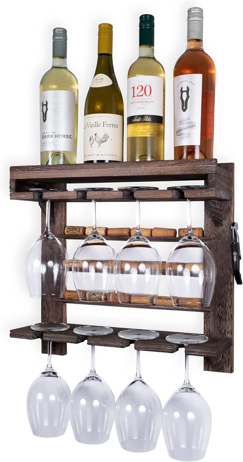 Rustic Dark Wood Wall-Mounted Wine Rack with Stemware Holder