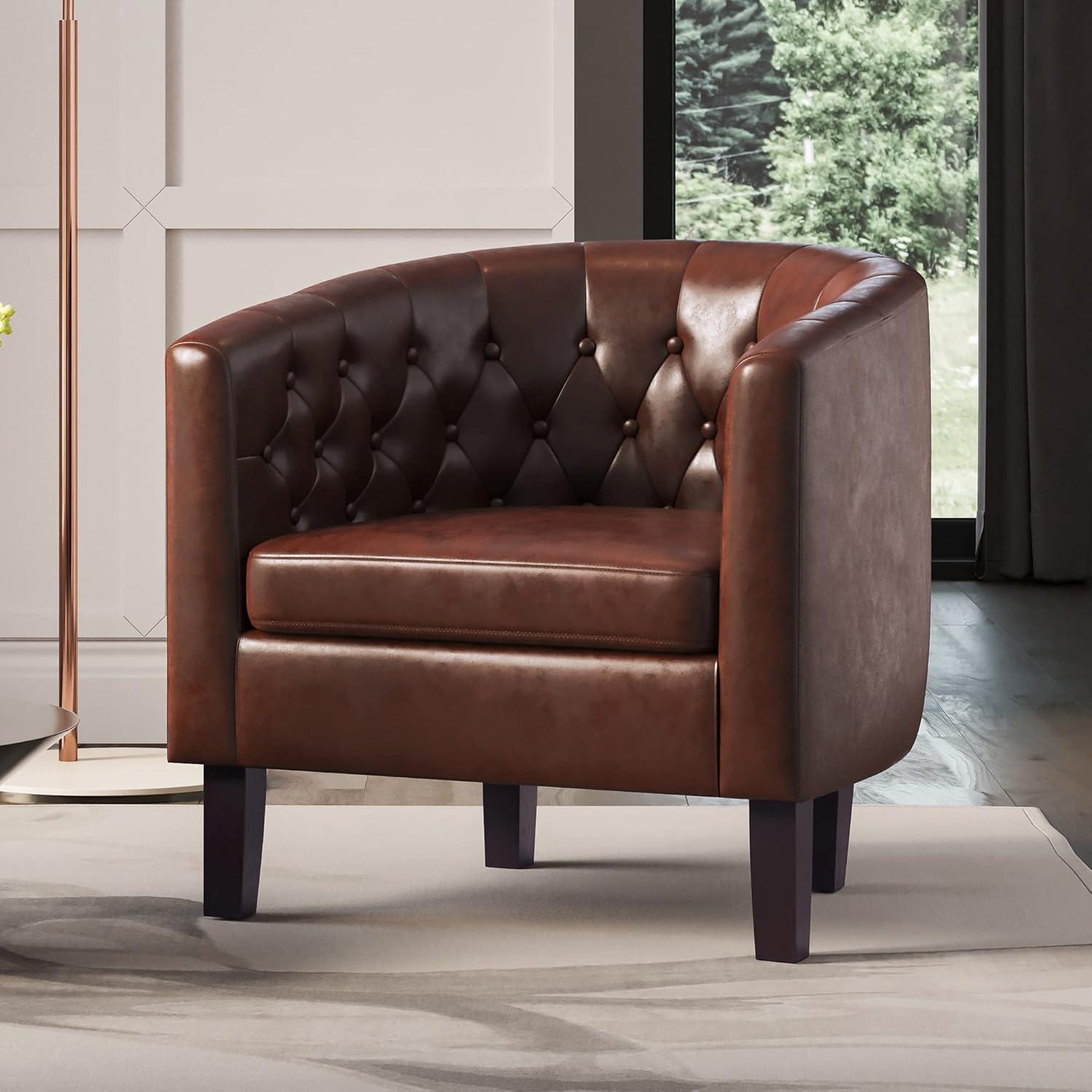 Berlinda Caramel Faux Leather Tufted Barrel Accent Chair