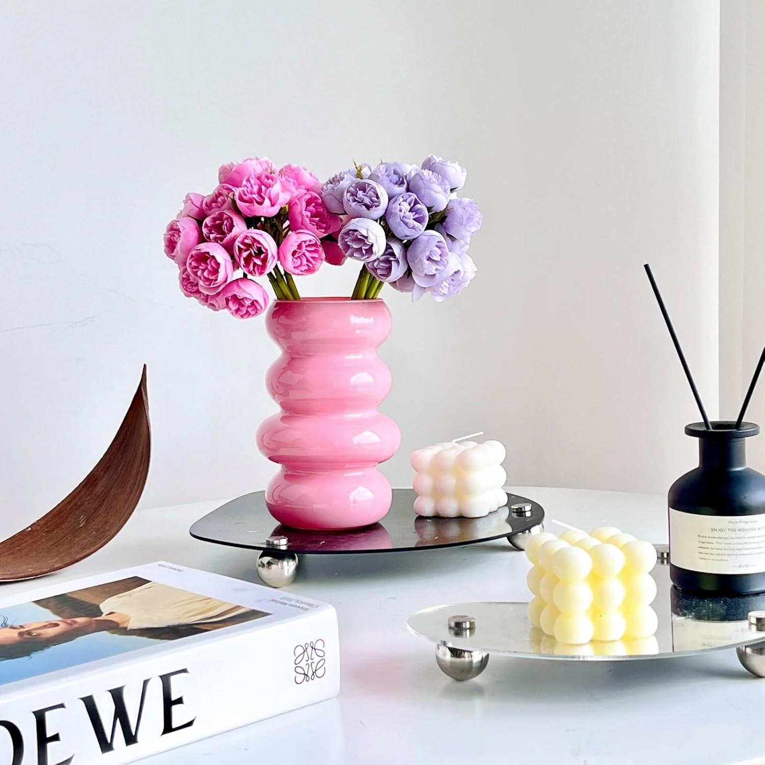 BLOFLO Colored Glass Hydroponic Flower Vase, 7-Inch Pink Glass Vase, Four-Layer Geometric Glass Floral Vase for Home Décor, Modern Bubble Glass Vase for Home Office Wedding Table (Pink)