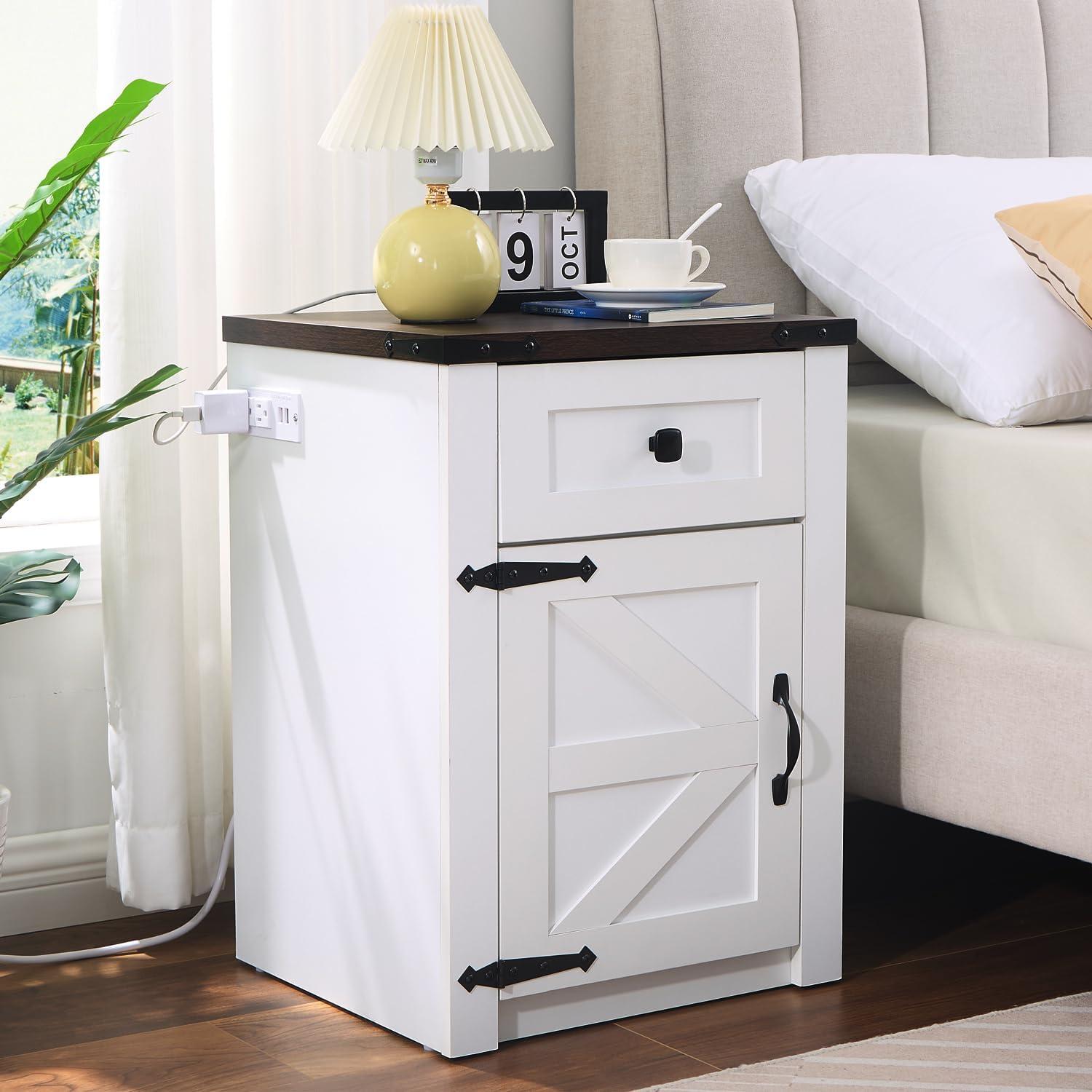 Wood Nightstands with Charging Station End Table Bedside Tables with Barn Door