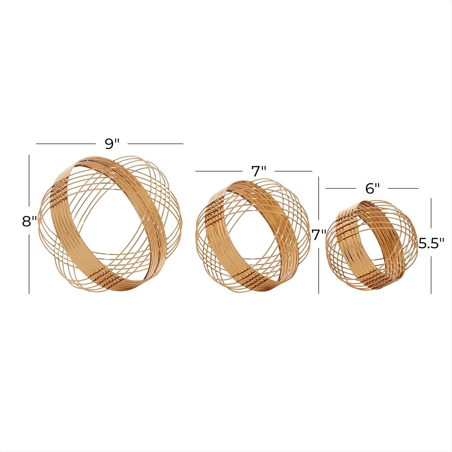 Gold Metal Geometric Wire Orb Sculptures, Set of 3