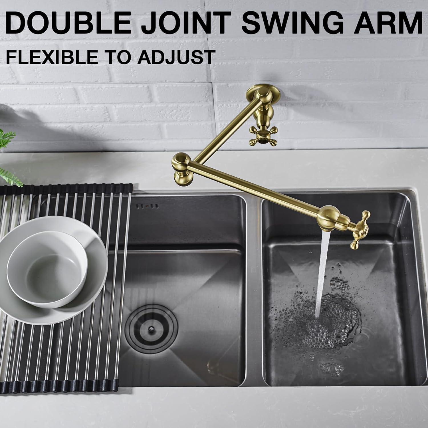 Besdor Pot Filler Faucet Brushed Gold Wall Mount Over Stove Faucet, Commercial Brass Pot Filler Faucet Gold, Double Joint Swing Arms, Single Hole Two Handles Folding Kitchen Faucet