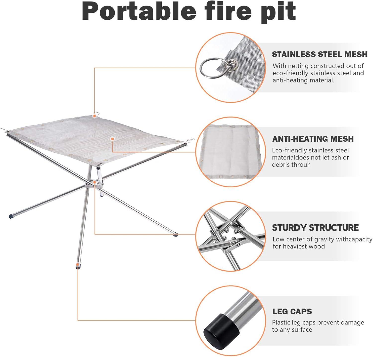 Portable Outdoor Fire Pit 22 Inch Upgrade Foldable Stainless Steel Mesh Fire Pit Wood Burning, Collapsible Fireplace Space Saving Perfect for Camping, Backyard, Patio, Garden (Carrying Bag Included)