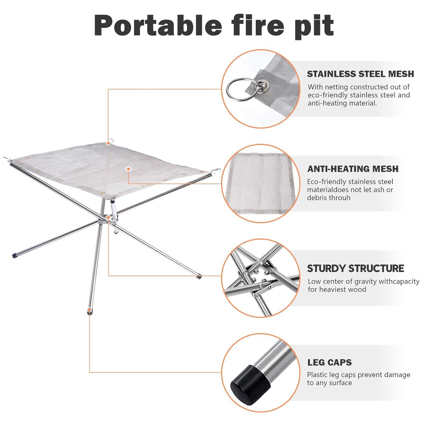 Portable Outdoor Fire Pit 22 Inch Upgrade Foldable Stainless Steel Mesh Fire Pit Wood Burning, Collapsible Fireplace Space Saving Perfect for Camping, Backyard, Patio, Garden (Carrying Bag Included)