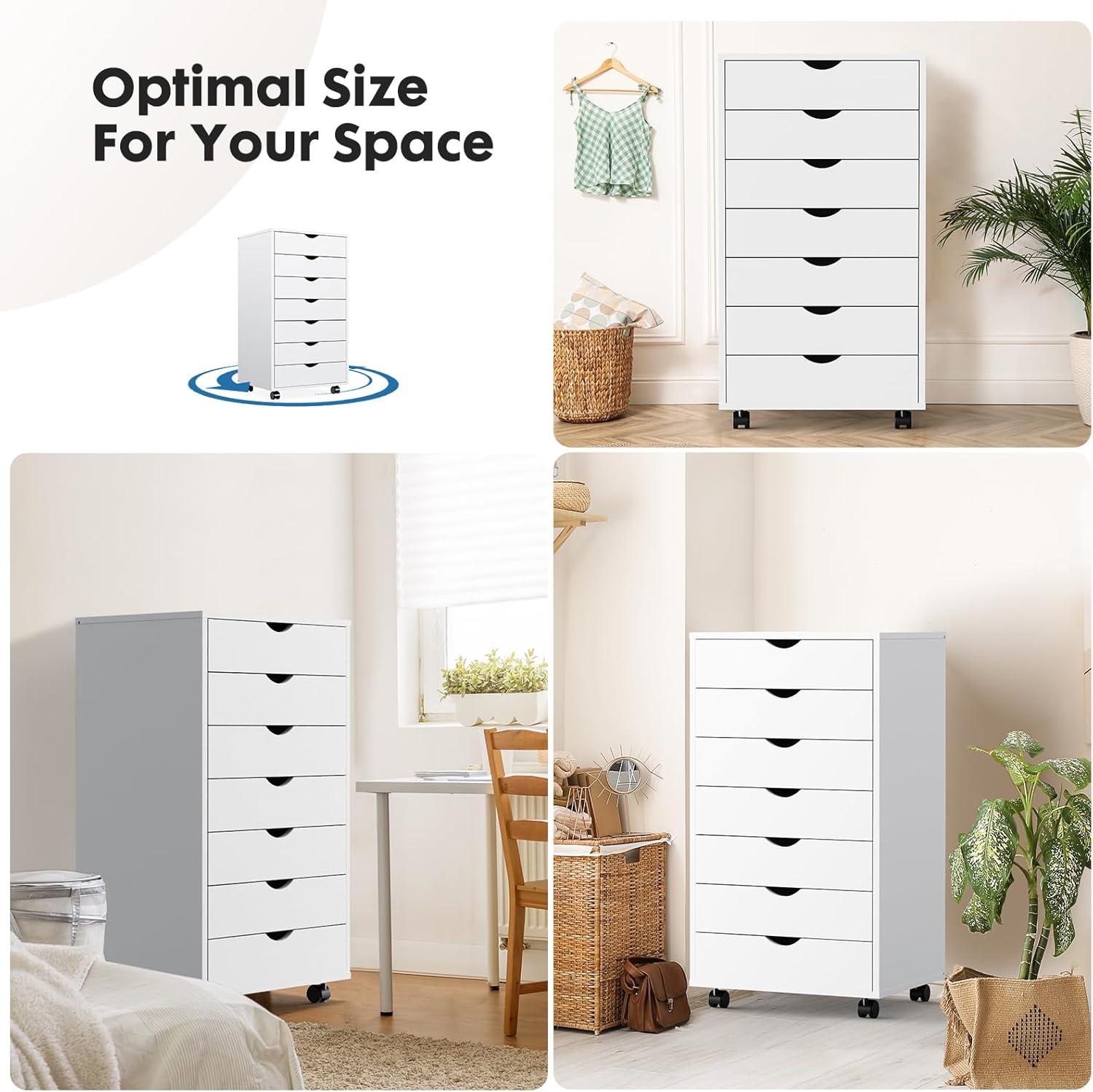 HeSLehs 7-Drawer Organizer, Tall Chest of Drawers with Caster Wheels, Alex Drawers File for Home Office, White