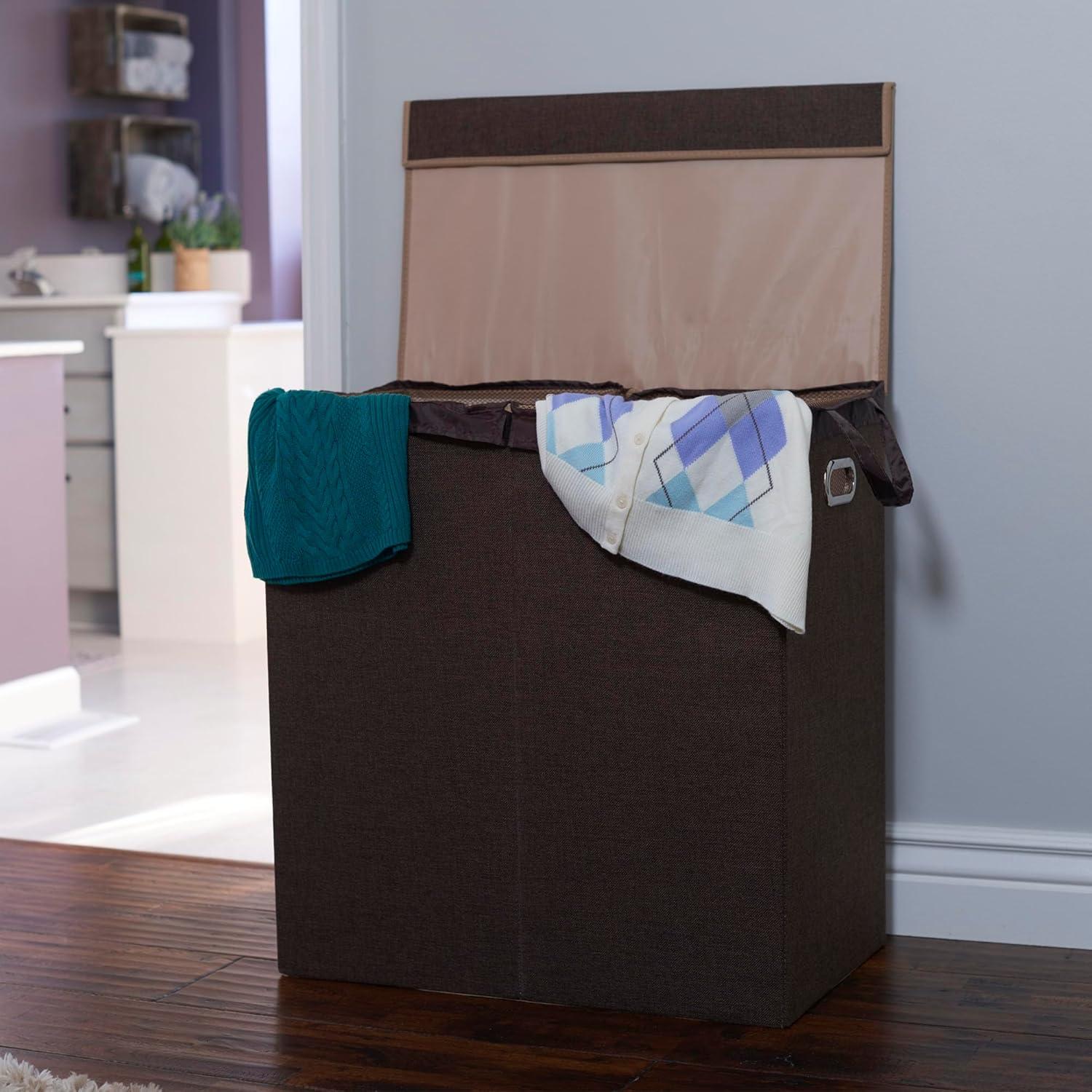Double Laundry Hamper with Lid, Two Compartments for Easy Sorting with Removable Liner, Collapsible, Brown Linen 5614