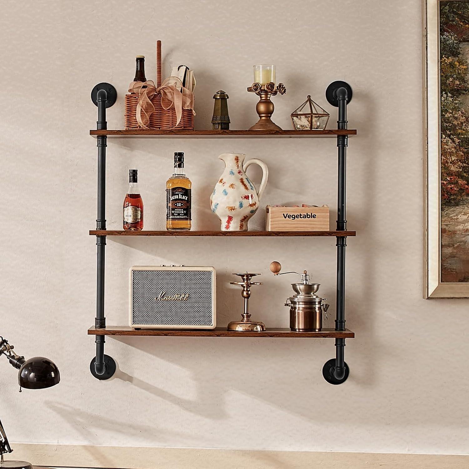 VEVOR Industrial Pipe Shelf, 3 Tier 32x7.87in, Wall-Mount Floating Rustic Wood Shelves Bracket Display Bookshelf, Storage Rack Sundries Holder for Kitchen Bedroom Bathroom Living Room, Black