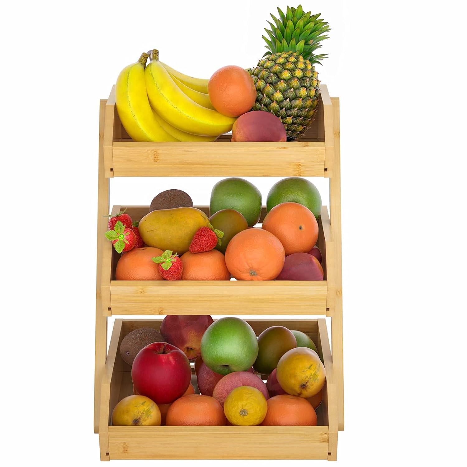 3 Tier Wooden Fruit Basket For Kitchen, Bread Vegetable Fruit Basket Bowl Stand, Farmhouse Fruit Bowl for Countertop, Large