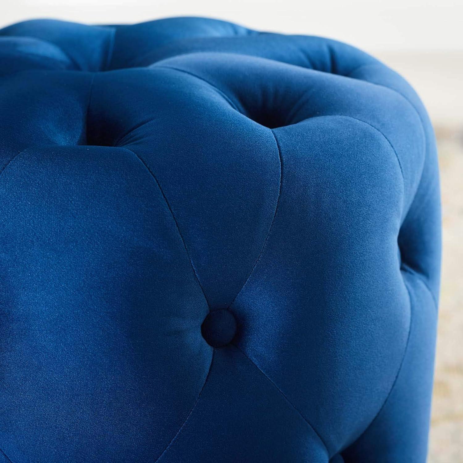 Amour Navy Blue Tufted Velvet Round Pouf Ottoman