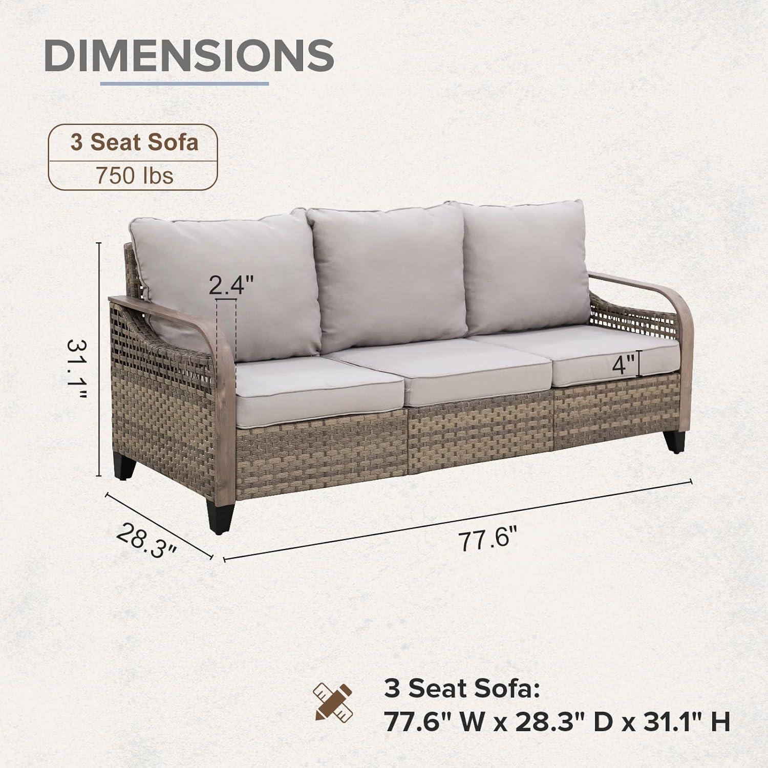 INTER HUT Modern Wicker Patio Sofa, Rattan Outdoor Couch Sofa, 3 Seat Couch, Brown/Gray