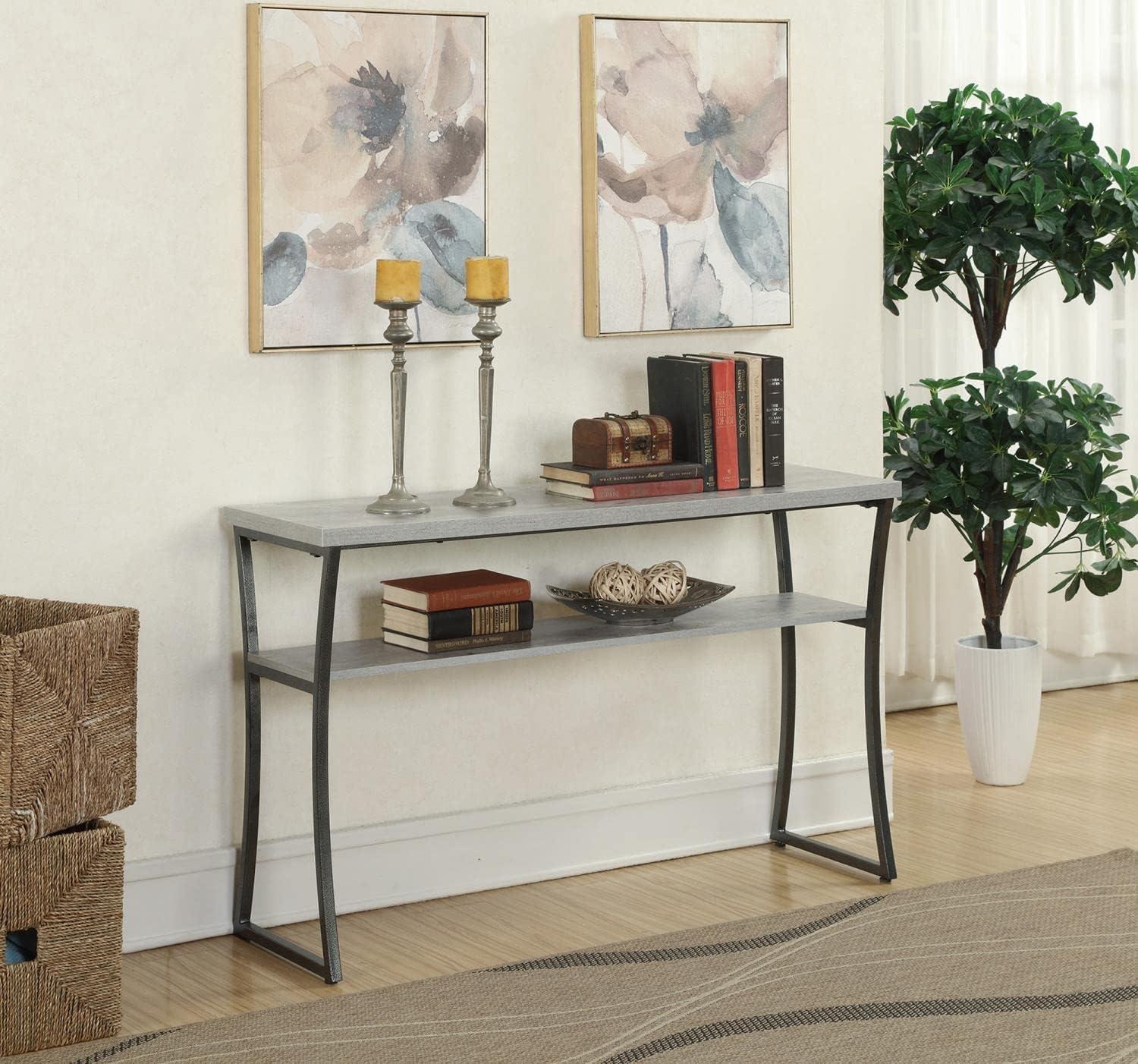 Modern Faux Birch and Slate Gray Metal Console Table with Storage Shelf