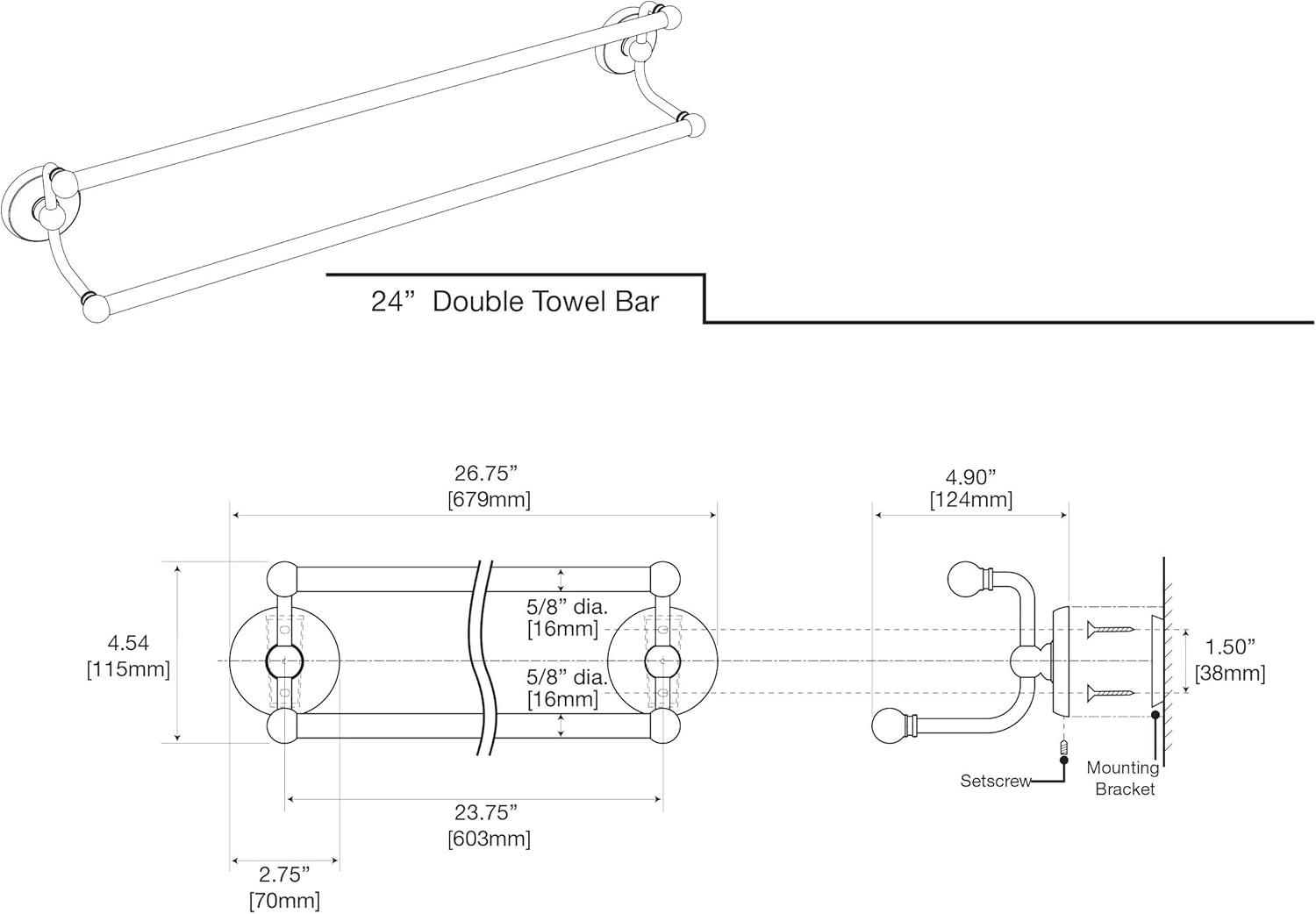 Brushed Brass Wall Mounted Double Towel Bar, 24 Inch