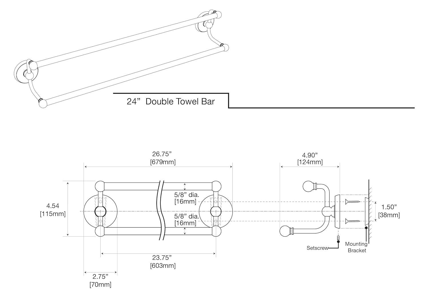 Designer II 24" Wall Mounted Double Towel Bar, 2 Bar Towel Rack