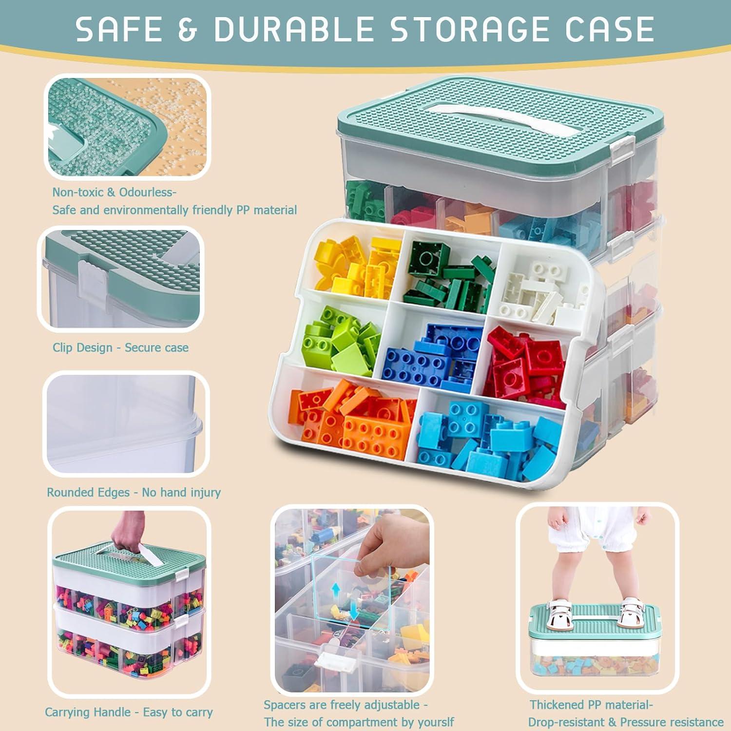 Plastic Storage Organizer for Lego Box Kids Child Toy Stackable Containers with Lids Bins 3 Layers Adjustable Compartments Building Blocks Chest Case