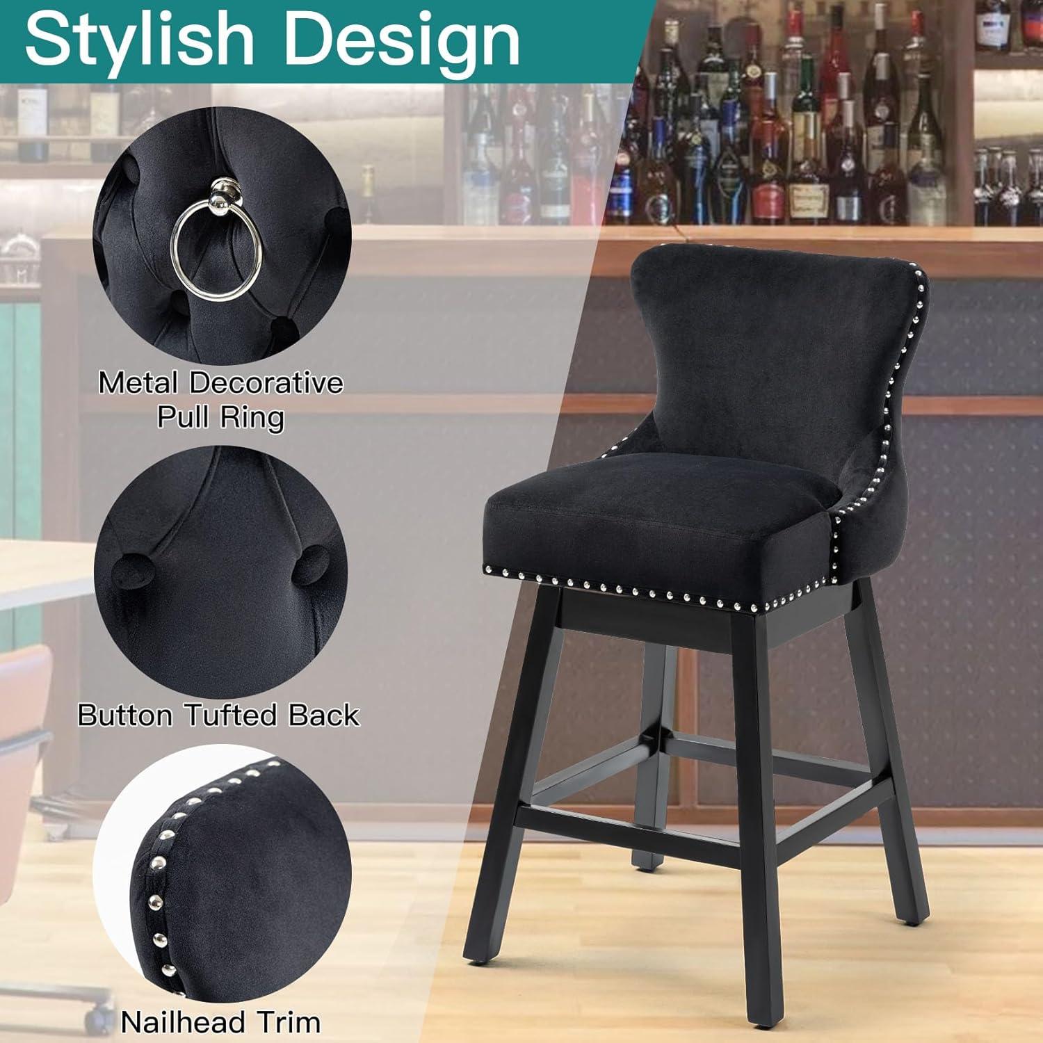 29" Black Velvet Upholstered Swivel Bar Stools with Wood Frame, Set of 2