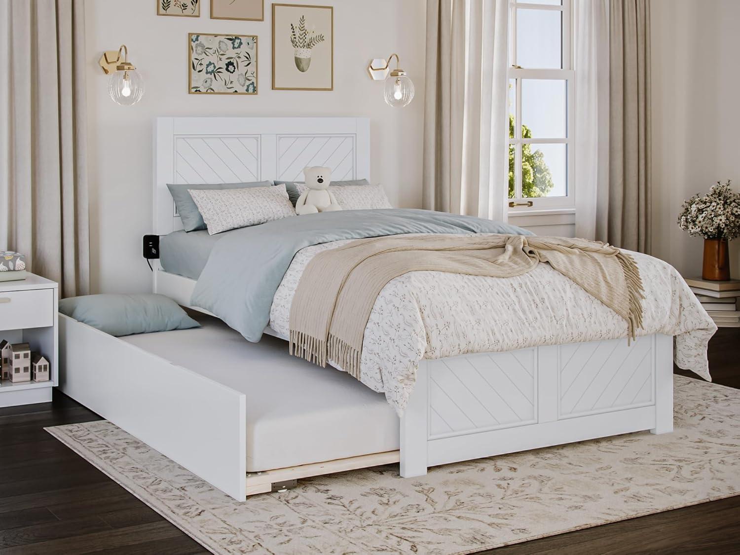 HAOYUN Canyon Twin XL Farmhouse Solid Wood Platform Bed with Footboard & Twin XL Trundle, White