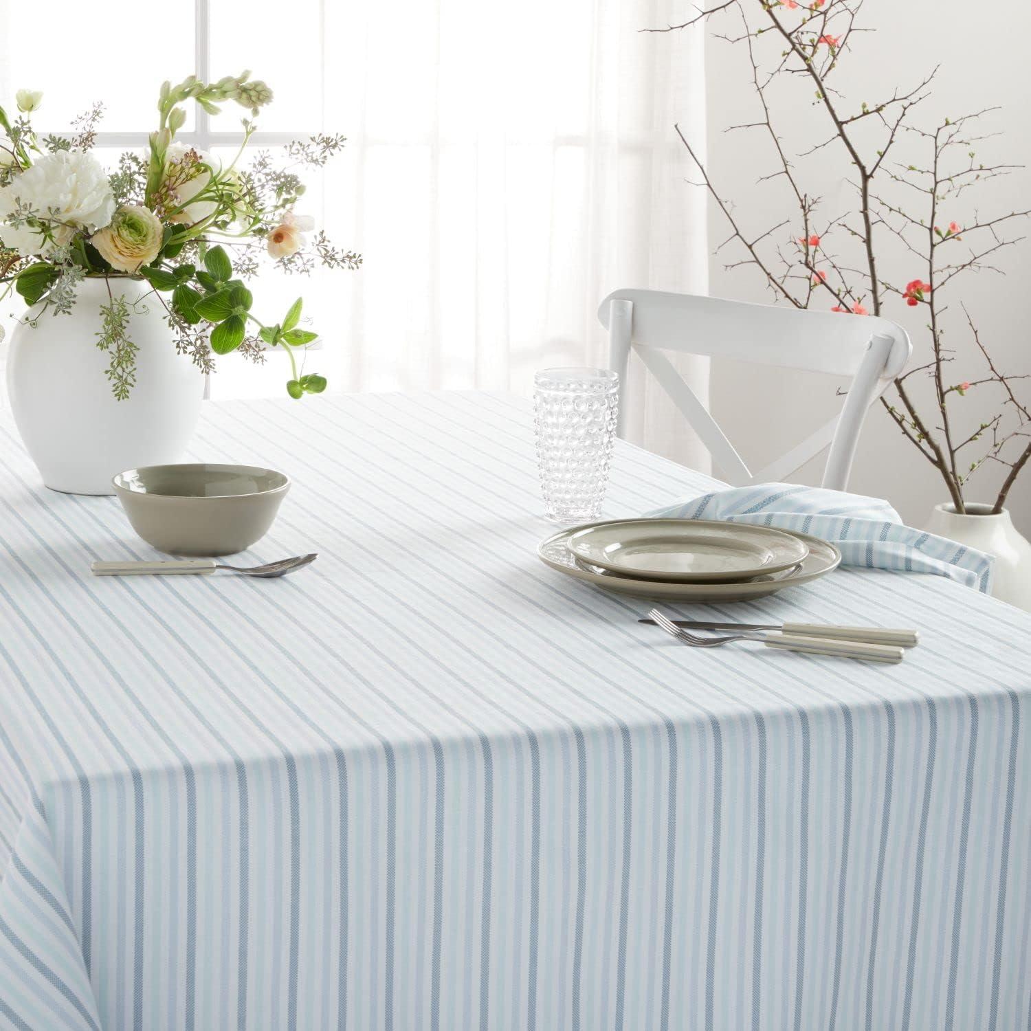 Blue and White Striped Cotton-Polyester Rectangle Tablecloth