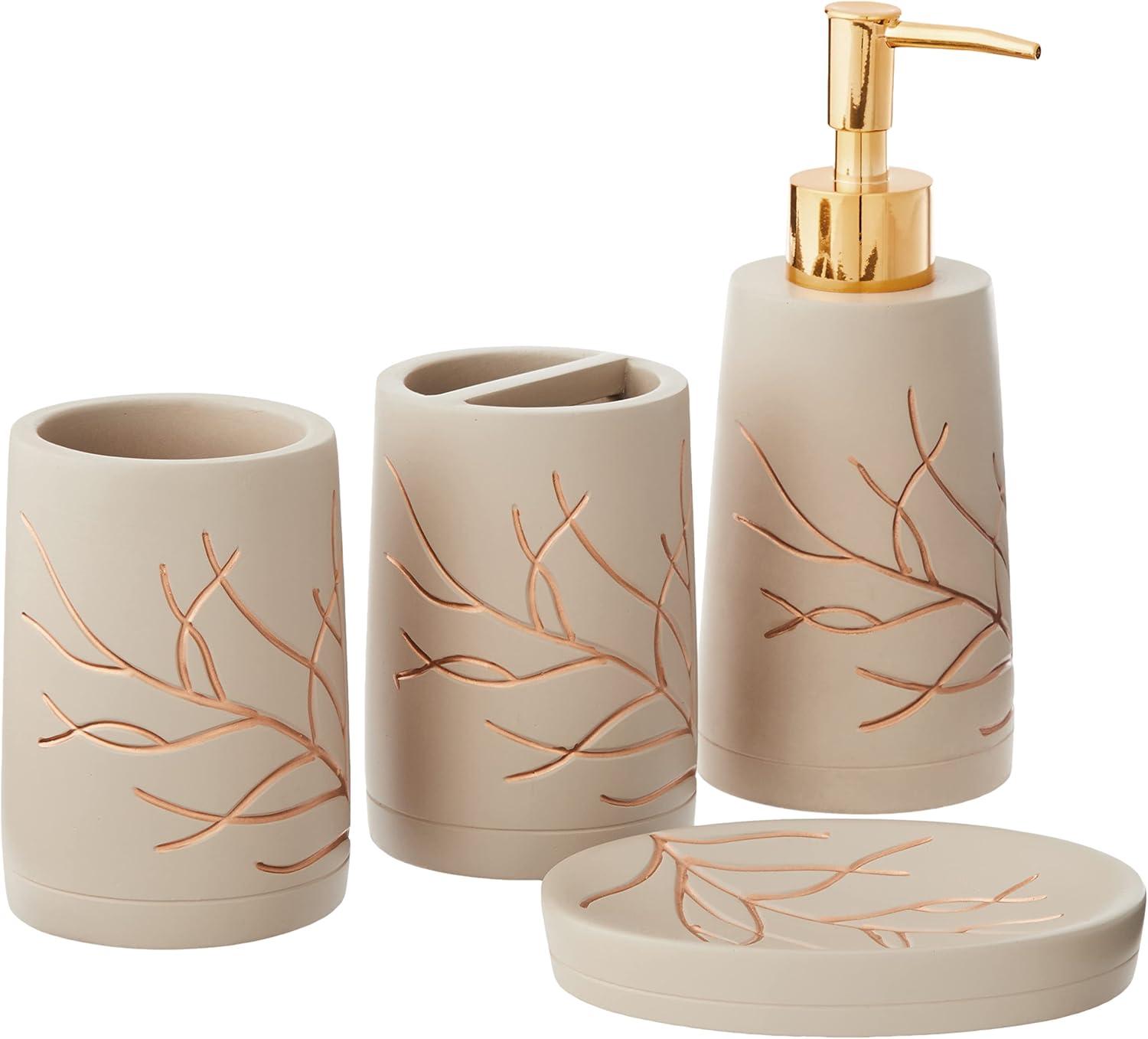 Taupe and Gold Concrete Bathroom Accessory Set, 4 Pieces